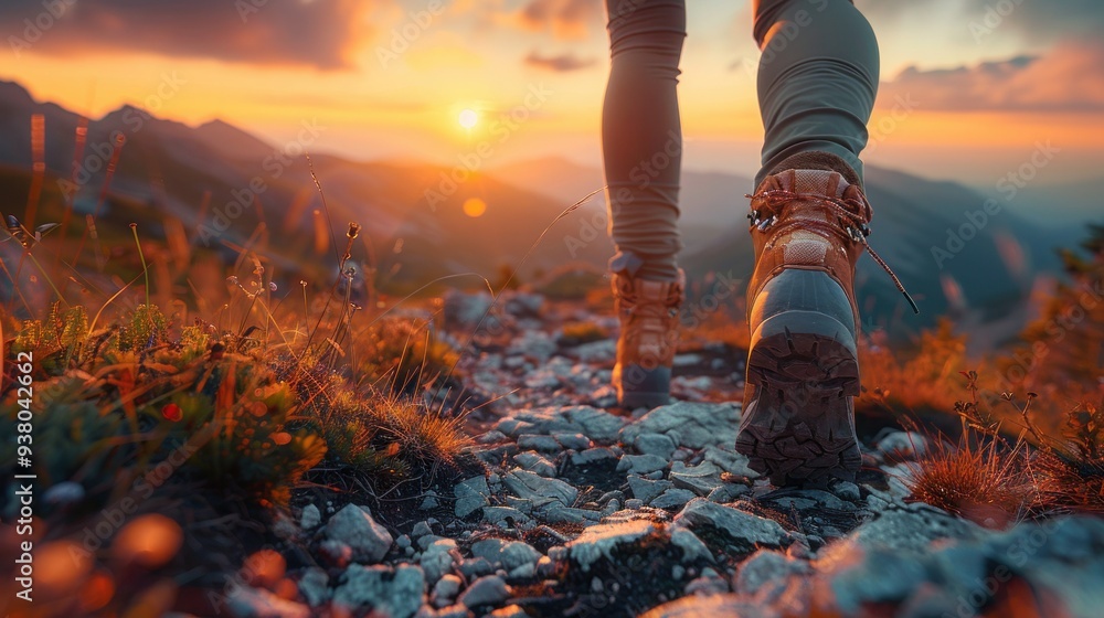Nature's Trek: Woman's Legs Hiking at Sunset Close-Up Nature's Trek: Woman's Legs Hiking at Sunset Close-Up