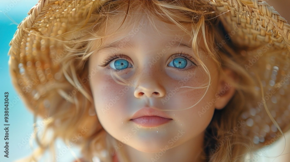 Cute Baby with Hat: Close-up of Child's Face on Family Vacation Outdoors Cute Baby with Hat: Close-up of Child's Face on Family Vacation Outdoors