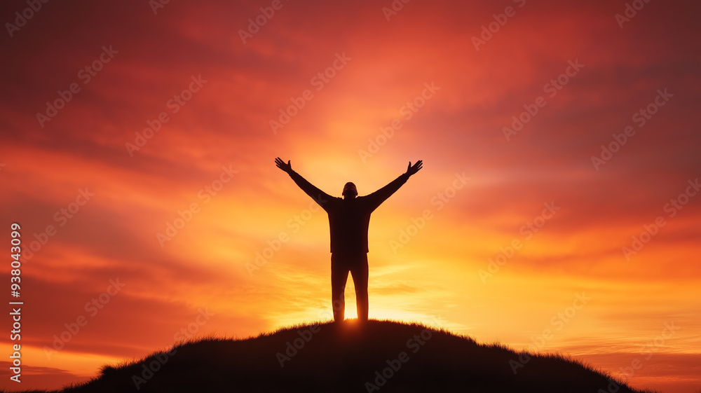 Silhouette of a gospel singer against a bright sunrise on a hill arms wide open symbolic expression of hope and faith sky glowing in vibrant orange and pink hues Silhouette of a gospel singer against a bright sunrise on a hill arms wide open symbolic expression of hope and faith sky glowing in vibrant orange and pink hues