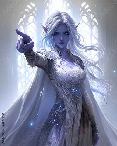commanding portrait of a drow female with white hair and blue skin, pointing forward with intensity, standing in a light-filled hall