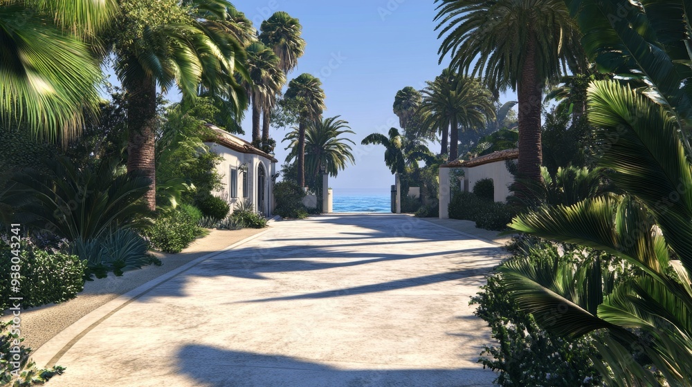 Serene Palm Tree Lined Driveway to Beachfront Estate - A picturesque pathway lined with lush palm trees leads to a stunning oceanfront estate, offering a tranquil escape and a glimpse of the luxurious Serene Palm Tree Lined Driveway to Beachfront Estate - A picturesque pathway lined with lush palm trees leads to a stunning oceanfront estate, offering a tranquil escape and a glimpse of the luxurious