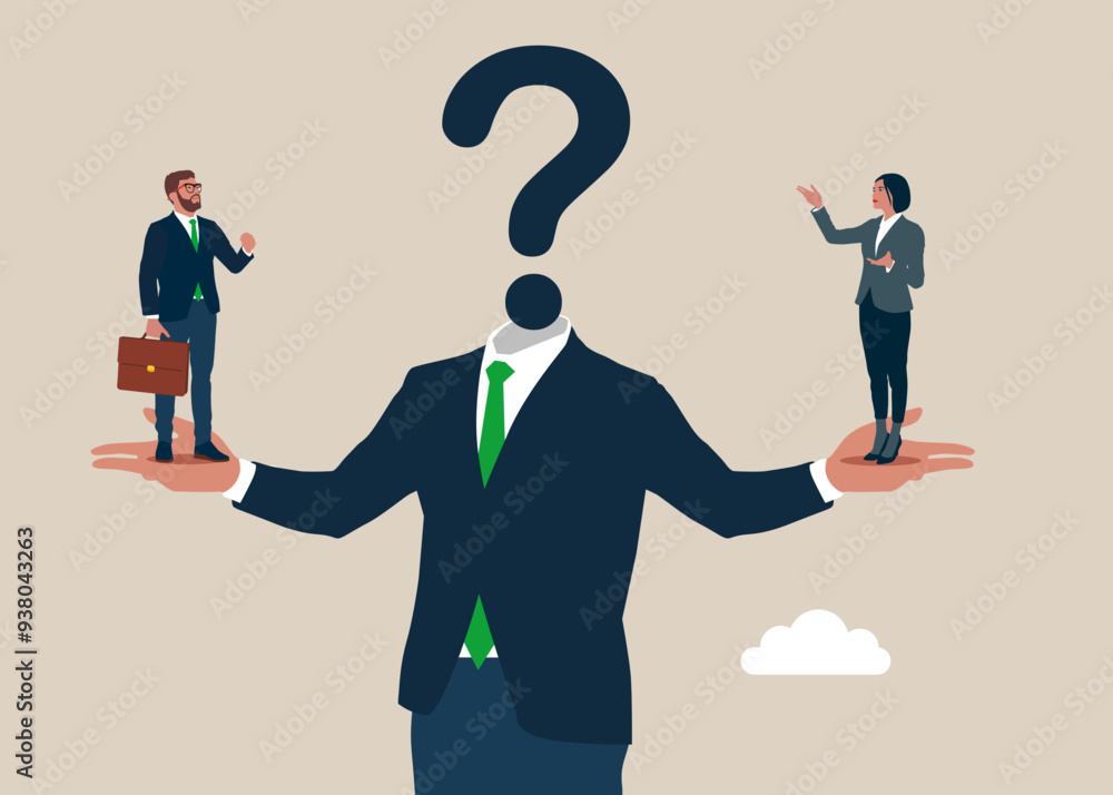 Tiny business people standing on giant hand. Employee conflict direction, argument between coworker, different thought, disagreement or opposite way. Flat vector illustration Tiny business people standing on giant hand. Employee conflict direction, argument between coworker, different thought, disagreement or opposite way. Flat vector illustration