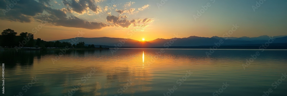 Obraz premium Serene Sunset Over Calm Lake With Mountain Range In Background - A picturesque sunset over a tranquil lake, the golden light reflecting on the water, creating a serene and peaceful atmosphere, with th