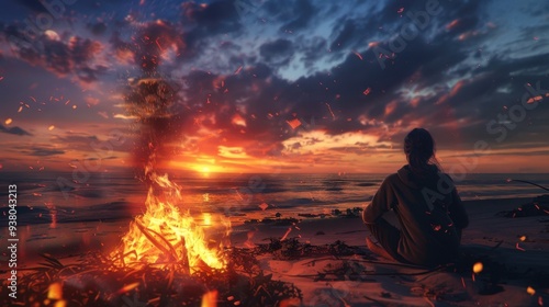 A person sitting by a bonfire at the beach, watching the flames dance as the sun sets