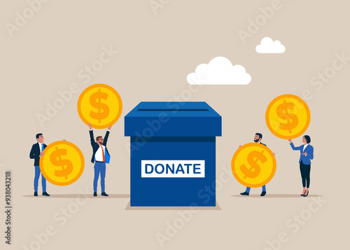 Donation Box with business people and money. Charity donation funding. Modern vector illustration in flat style