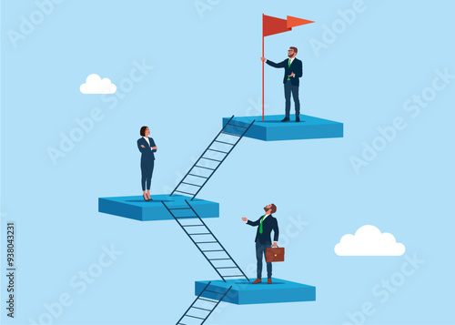 Business concept a ladder Corporate of success. Business people employee climb ladder to next level. Flat vector illustration