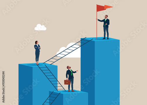 Corporate of success. Business people employee climb ladder to next level. Vector illustration