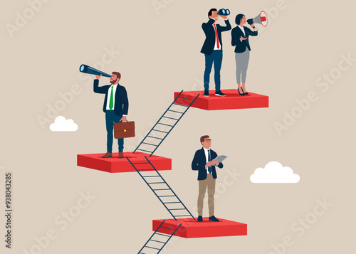 Business team searching for new opportunities. HR, recruitment. Office people holding spyglass, megaphone and binoculars. Flat vector illustration