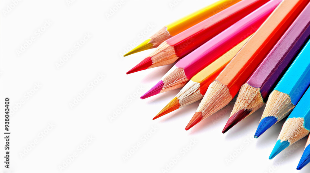 Diagonal Row of Multicolored Pencils on Isolated White Background. Back-to-School Essentials: Colorful Pencils Diagonal Row of Multicolored Pencils on Isolated White Background. Back-to-School Essentials: Colorful Pencils