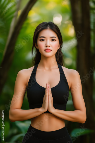 Toned Asian female fitness model mid-pose in a dynamic yoga stance sleek workout attire natural outdoor setting vibrant greenery and morning sunlight highlighting her flexibility and balance 