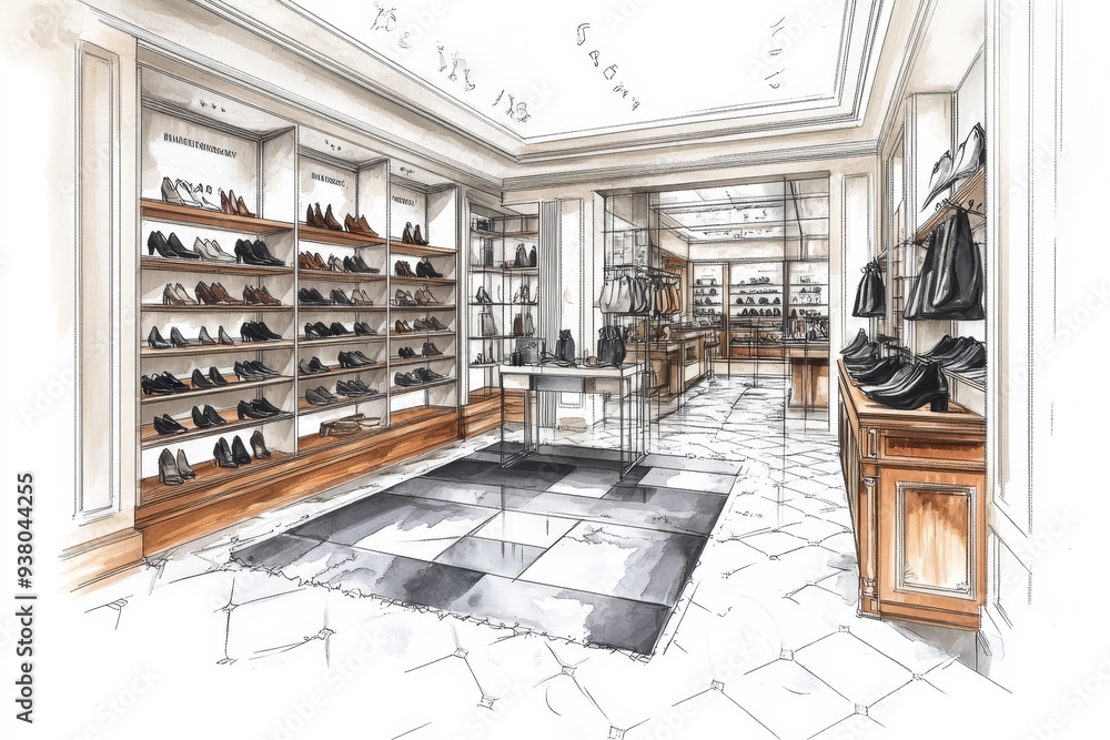 Fashionable shoe store with a modern design in a detailed sketch. Fashionable shoe store with a modern design in a detailed sketch.