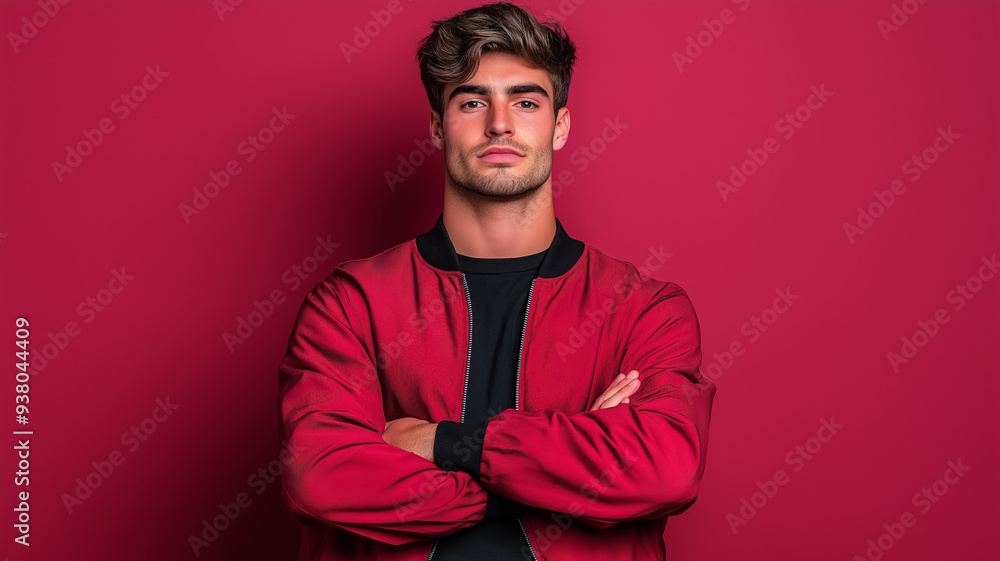 Urban-style male model in a casual bomber jacket and black pants standing confidently arms crossed gradient background fading from dark red to maroon Urban-style male model in a casual bomber jacket and black pants standing confidently arms crossed gradient background fading from dark red to maroon