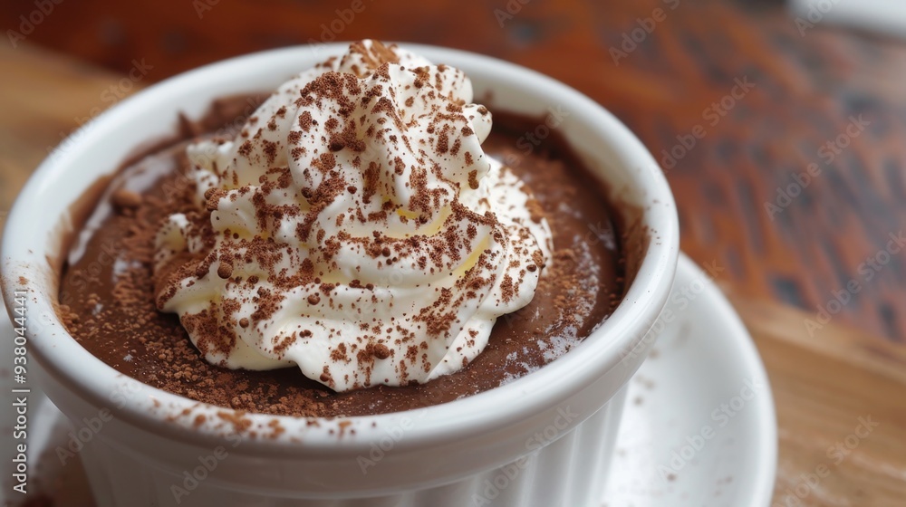A rich, dark chocolate mousse topped with whipped cream and a sprinkle of cocoa powder A rich, dark chocolate mousse topped with whipped cream and a sprinkle of cocoa powder