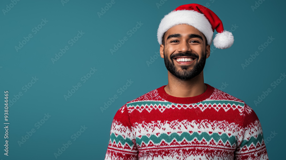 Vibrant South Asian male model in a Christmas sweater with bold patterns and Santa hat laughing against a blue to silver gradient background empty space for text Vibrant South Asian male model in a Christmas sweater with bold patterns and Santa hat laughing against a blue to silver gradient background empty space for text