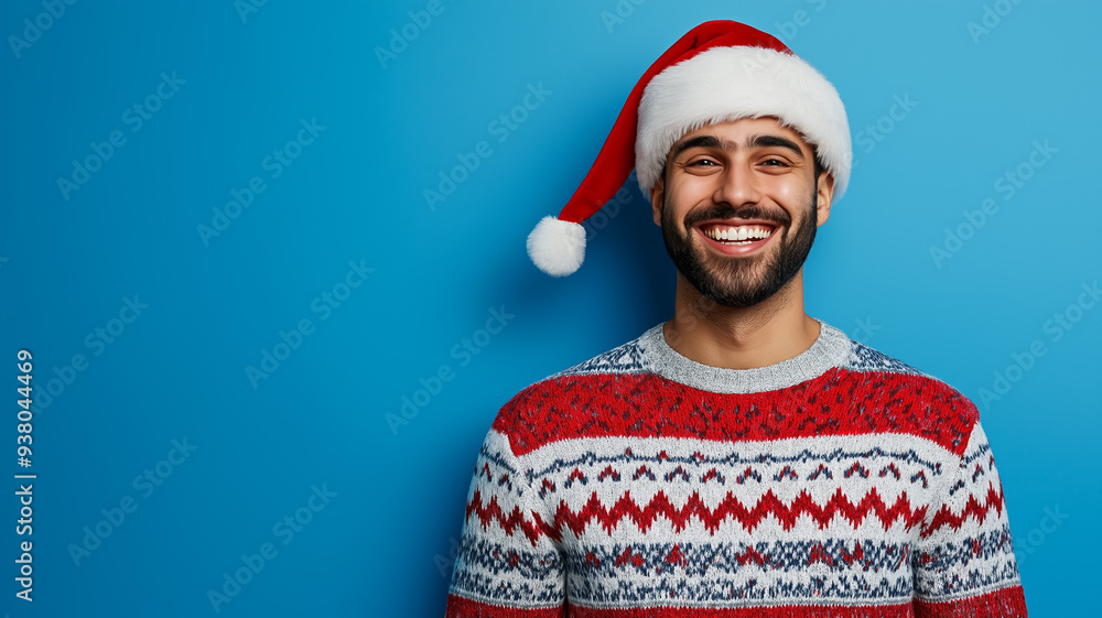 Vibrant South Asian male model in a Christmas sweater with bold patterns and Santa hat laughing against a blue to silver gradient background empty space for text Vibrant South Asian male model in a Christmas sweater with bold patterns and Santa hat laughing against a blue to silver gradient background empty space for text