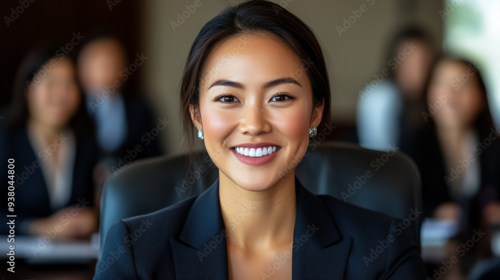 Young Asian woman in a business suit smiles confidently at the camera while sitting at a conference table with blurred coworkers in the background Young Asian woman in a business suit smiles confidently at the camera while sitting at a conference table with blurred coworkers in the background