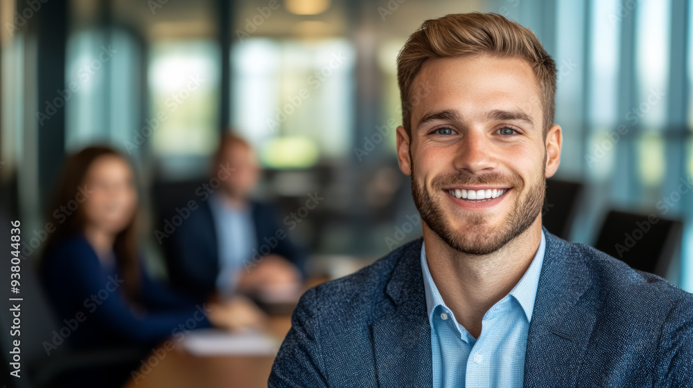 Young Caucasian man in business casual attire smiling directly at the camera while sitting at a conference table with blurred coworkers in the background Young Caucasian man in business casual attire smiling directly at the camera while sitting at a conference table with blurred coworkers in the background
