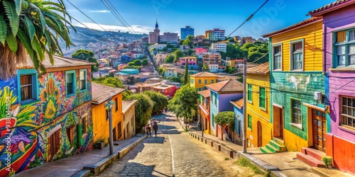 Vibrant Cerro Alegre neighborhood in Valparaíso, Chile, showcases colorful alleys, street art, and eclectic graffiti, attracting tourists to this charming urban hub. photo