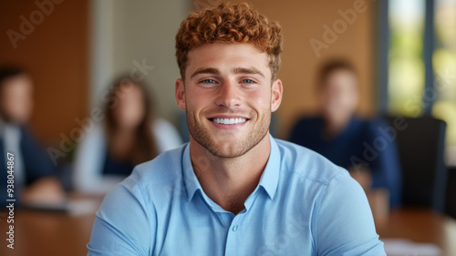 Young Caucasian man in business casual attire smiling directly at the camera while sitting at a conference table with blurred coworkers in the background 