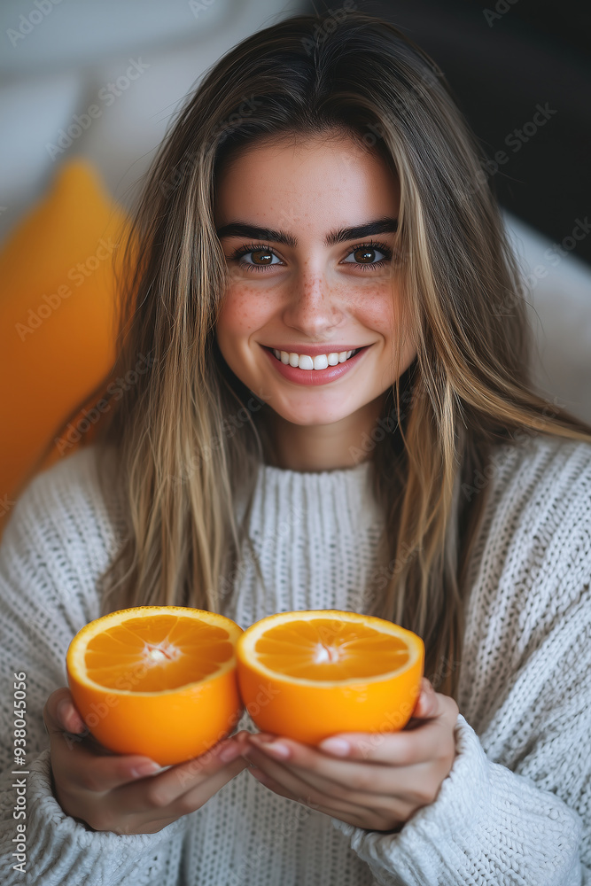 Radiant young woman with long blonde hair smiles brightly while holding fresh orange halves, wearing a cozy white sweater against a warm-toned background. Radiant young woman with long blonde hair smiles brightly while holding fresh orange halves, wearing a cozy white sweater against a warm-toned background.