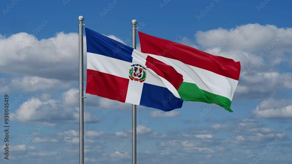 Hungary and Dominican flags flying together, video concept of the relationship, two country relations concept Hungary and Dominican flags flying together, video concept of the relationship, two country relations concept