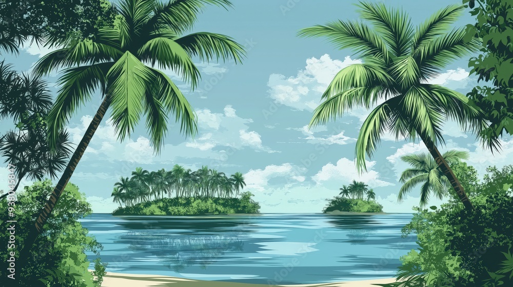 Fototapeta premium A scenic view of a tropical island with palm trees, lush vegetation, and a clear blue sky. The water is calm and clear, reflecting the sky and clouds.
