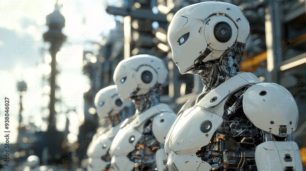 humanoid robots in front of a factory floor background, humanoid robots in front of a factory floor background,