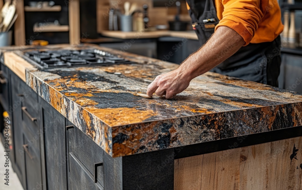 Kitchen Rejuvenation: Expert Worker Installs New Countertop, Elevating the Functionality and Aesthetics of the Space. Kitchen Rejuvenation: Expert Worker Installs New Countertop, Elevating the Functionality and Aesthetics of the Space.