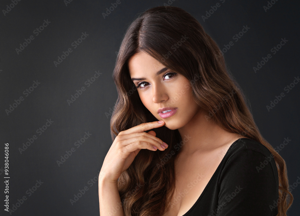 Portrait, shine and haircare for woman in studio, proud and texture of hair and treatment in salon. Black background, confident and strong hairstyle with cosmetics of model, person or hairdo in space Portrait, shine and haircare for woman in studio, proud and texture of hair and treatment in salon. Black background, confident and strong hairstyle with cosmetics of model, person or hairdo in space