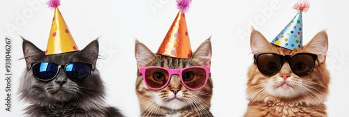 Three Cool Cats in Party Hats and Sunglasses - Three cats wearing party hats and sunglasses, symbolizing celebration, fun, coolness, friendship, and individuality. photo