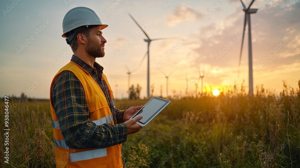 An engineer with a tablet against the backdrop of wind turbines