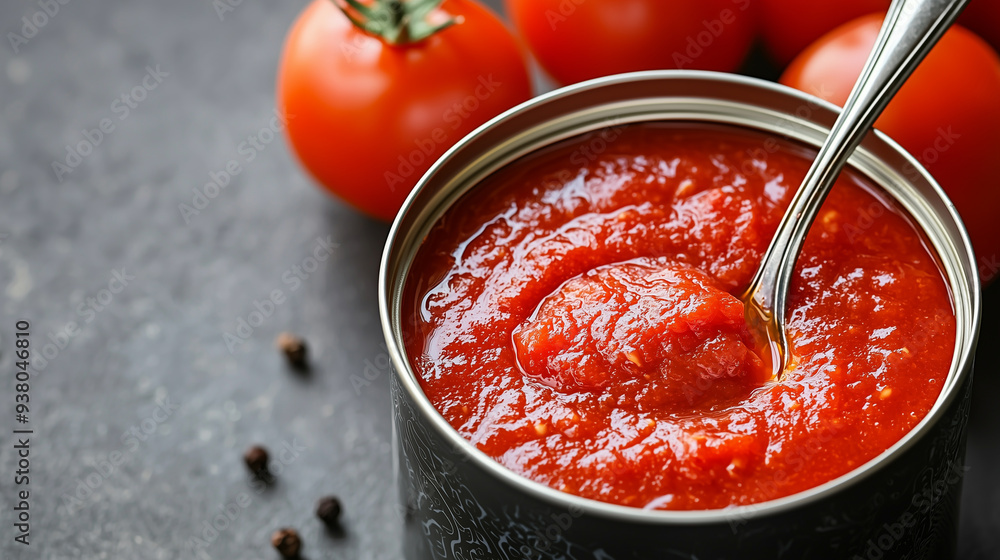 Opened Can of Tomato Sauce with Spoon Inside Opened Can of Tomato Sauce with Spoon Inside
