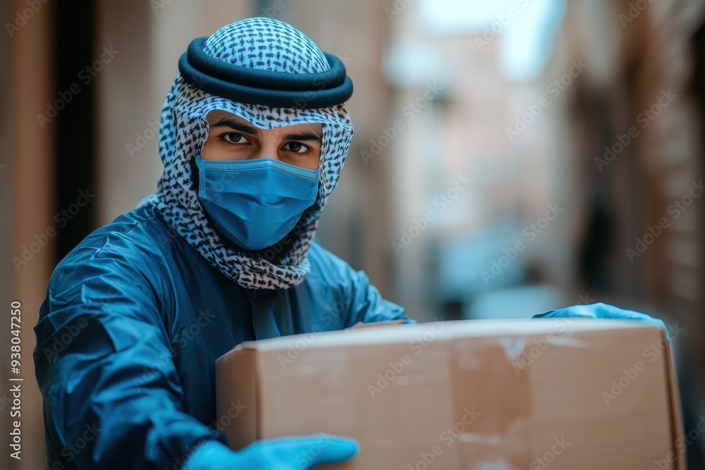 Delivery Man in Traditional Headscarf and Face Mask Holding a Box Delivery Man in Traditional Headscarf and Face Mask Holding a Box