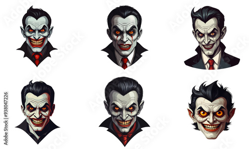 Set of cartoon horror vampire character faces. vector illustration of evil vampire smile scary circus monsters. White background. 