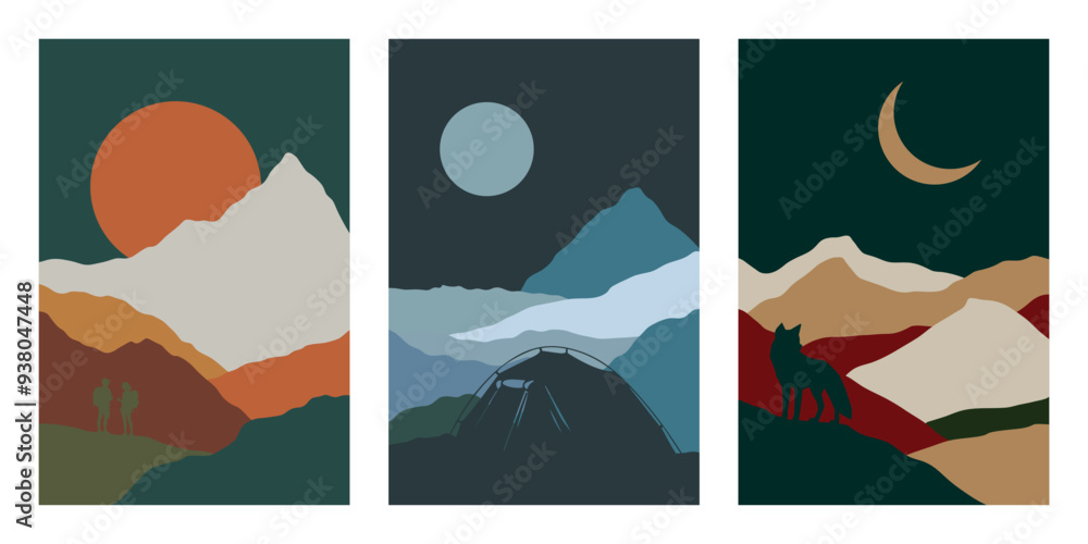 Hiking posters, travel adventure postcard with mountains, sun and moon. Travel concept of discovering exploring, observing nature. Adventure. Minimalist graphic. Couple of travelers, travel tent, wolf Hiking posters, travel adventure postcard with mountains, sun and moon. Travel concept of discovering exploring, observing nature. Adventure. Minimalist graphic. Couple of travelers, travel tent, wolf