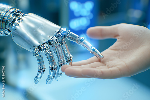 Close-up of a blue, from a robot's metallic left arm to a human's right palm. The background is a blurry blue technology theme 