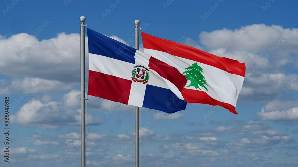 Lebanon and Dominican flags flying together, video concept of the relationship, two country cooperation concept Lebanon and Dominican flags flying together, video concept of the relationship, two country cooperation concept