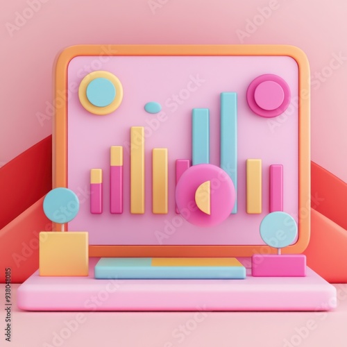 Digital marketing analysis, social graphs and analytics icons, 3D illustration