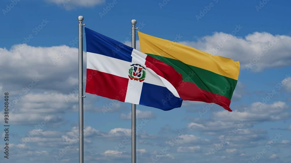 Lithuania and Dominican flags flying together, video concept of the relationship, two country relations concept