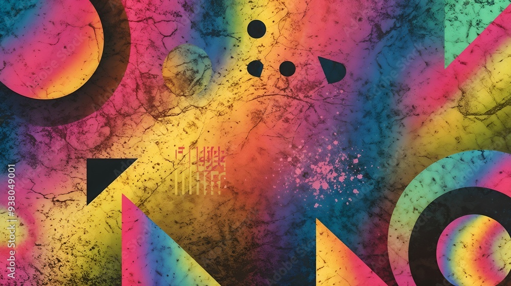 Fototapeta premium Vibrant Abstract Art With Rainbow Gradients, Metallic Geometric Shapes, And Textured Noise Effects, Colorful Abstract Wallpaper With Triangle/Circle/Square Shapes And Rainbow Patterns Noisy Grain.