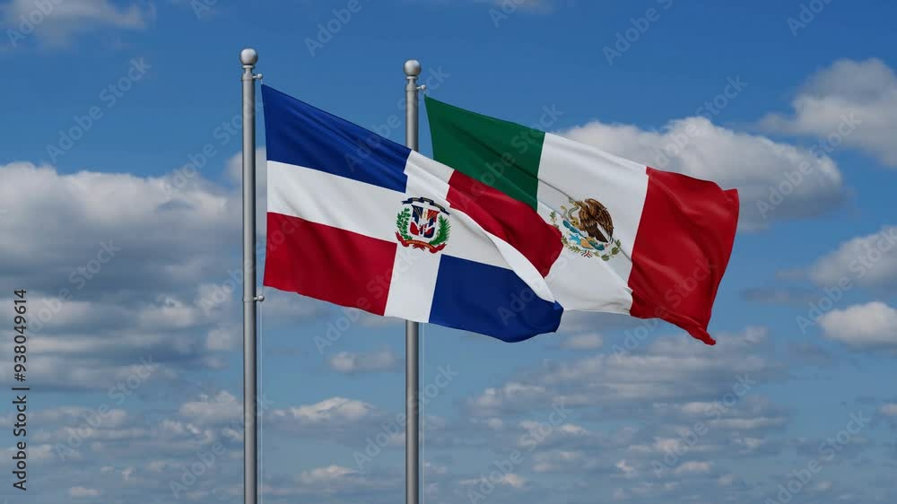 Mexico and Dominican flags flying together, video concept of the relationship, two country relations concept Mexico and Dominican flags flying together, video concept of the relationship, two country relations concept