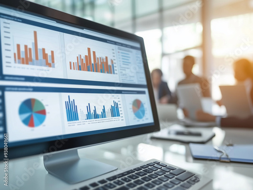 The image shows a computer monitor displaying various graphs and charts, likely part of a business analytics or data visualization dashboard