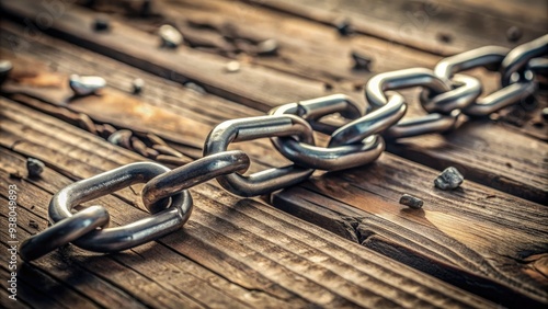 A fragile, broken chain lies on a weathered wooden table, symbolizing shattered hopes, vulnerability, and the unseen struggles of overcoming personal weaknesses and self-doubt. photo