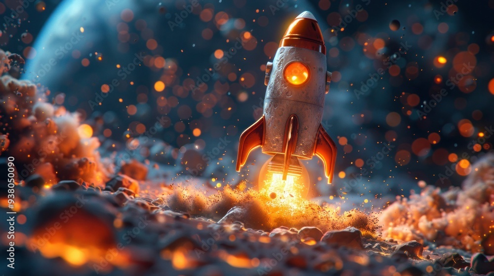 Colorful Cartoon Rocket Spaceship Launching into Outer Space Colorful Cartoon Rocket Spaceship Launching into Outer Space