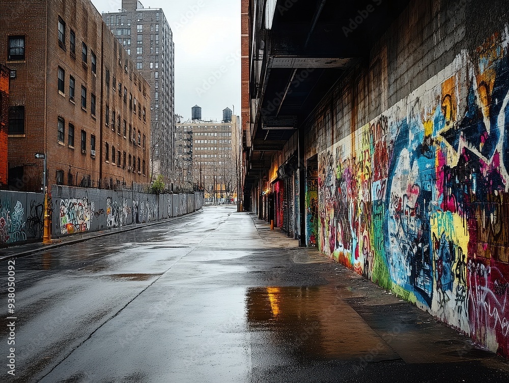 Fototapeta premium Urban Alleyway with Colorful Graffiti and Wet Pavement on a Rainy Day in the City