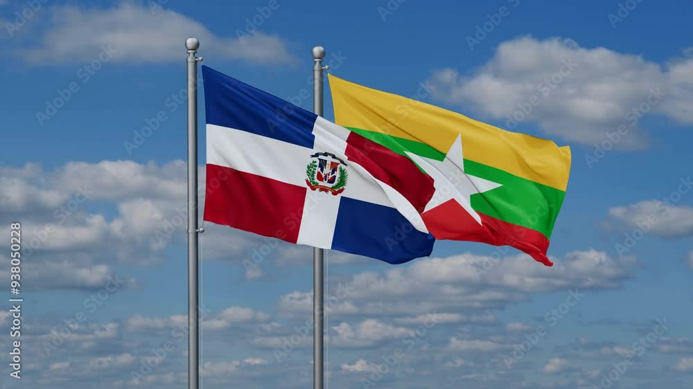 Myanmar aka Burma and Dominican flags flying together, video concept of the relationship, two country relations concept Myanmar aka Burma and Dominican flags flying together, video concept of the relationship, two country relations concept