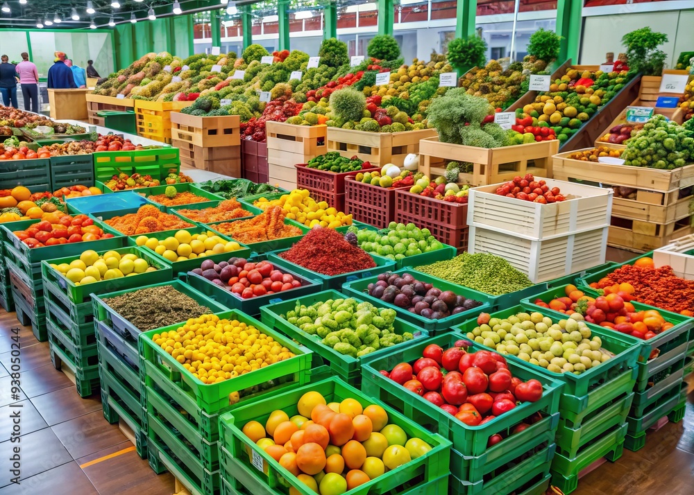 Vibrant display of eco-friendly storage boxes for fresh produce showcased at a bustling fruit and vegetable trade fair in Kielce, Poland. Vibrant display of eco-friendly storage boxes for fresh produce showcased at a bustling fruit and vegetable trade fair in Kielce, Poland.