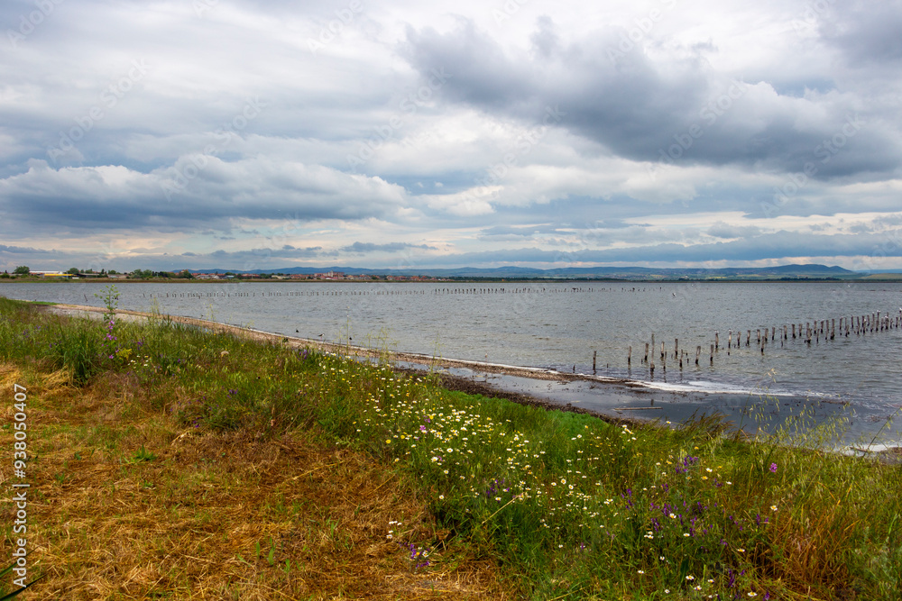 View of the Lake Pomorie, Burgas Province, Bulgarian Black Sea coast with birds under cloudy May sky View of the Lake Pomorie, Burgas Province, Bulgarian Black Sea coast with birds under cloudy May sky
