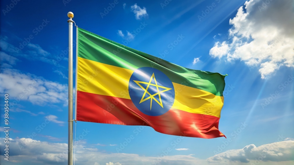 Vibrant Ethiopian flag waving in the wind against a clear blue sky, symbolizing national pride and unity in the Horn of Africa country. Vibrant Ethiopian flag waving in the wind against a clear blue sky, symbolizing national pride and unity in the Horn of Africa country.