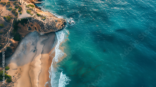 Aerial shot of beach, waves breaking on the shoreline